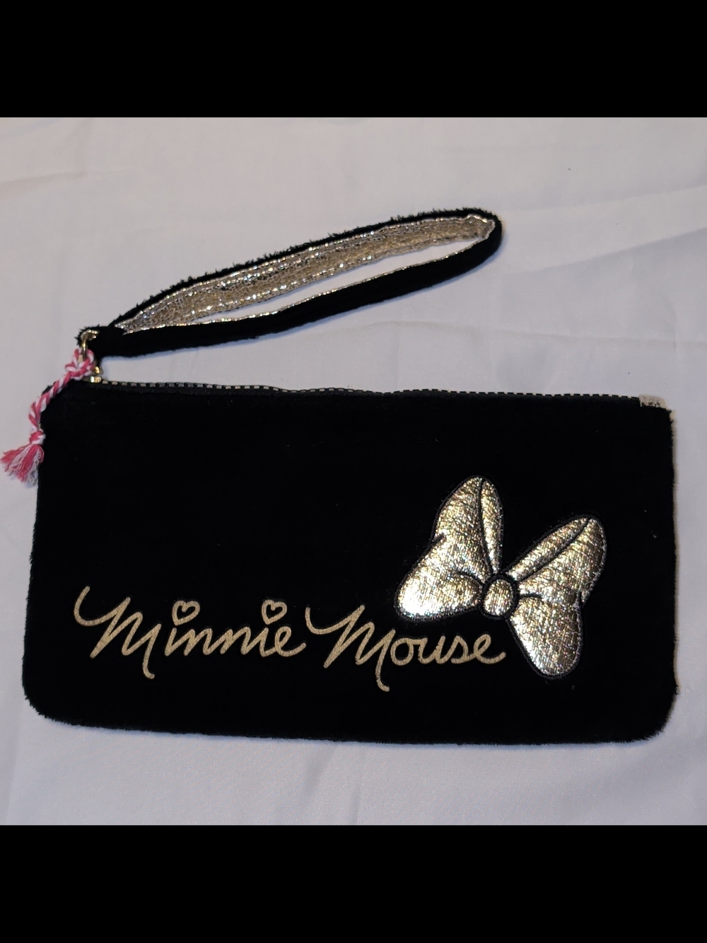 Disney Minnie Mouse Black Wristlet with Gold Bow Accent